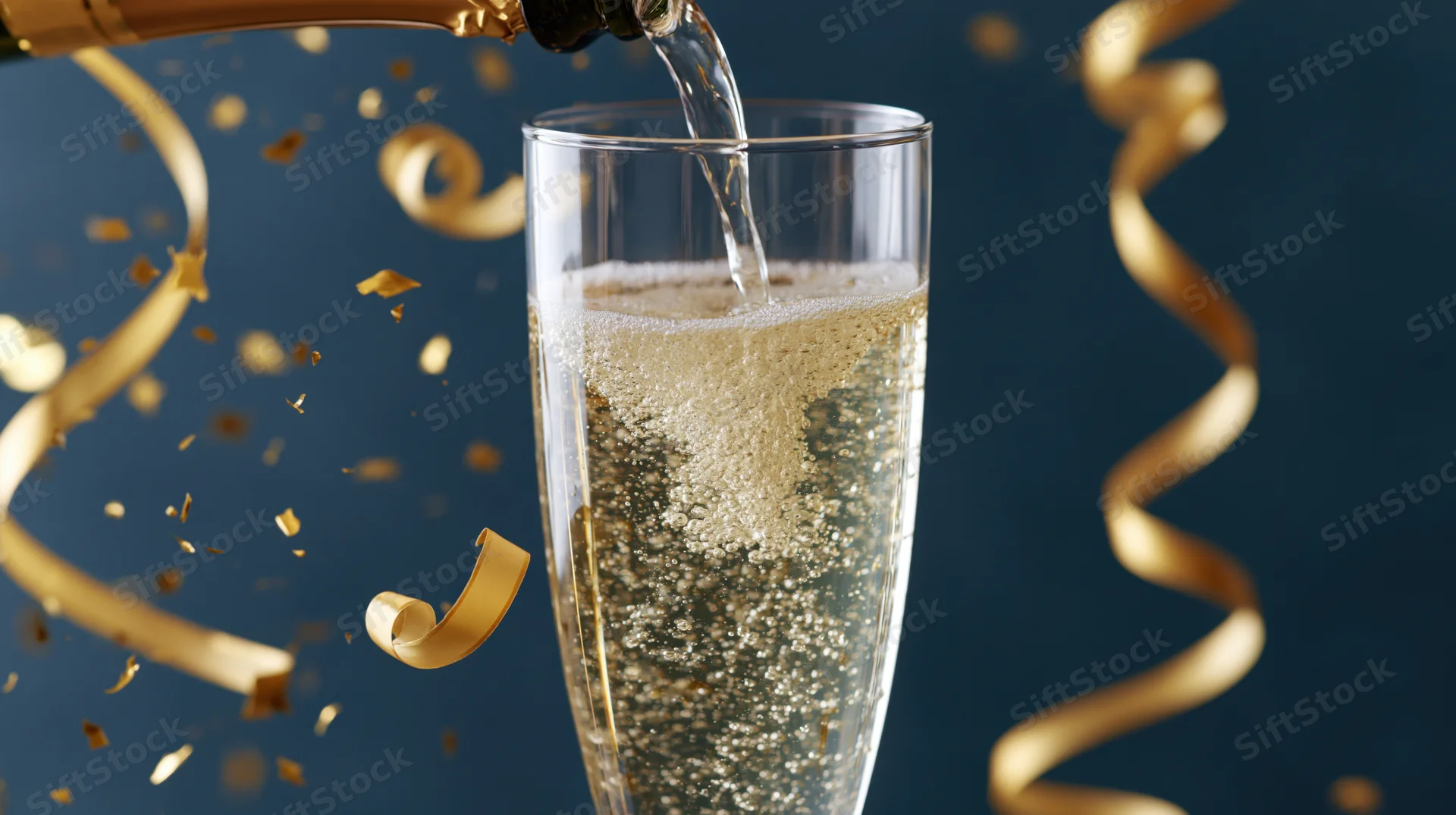 Champagne being poured into a flute with golden streamers and confetti floating around