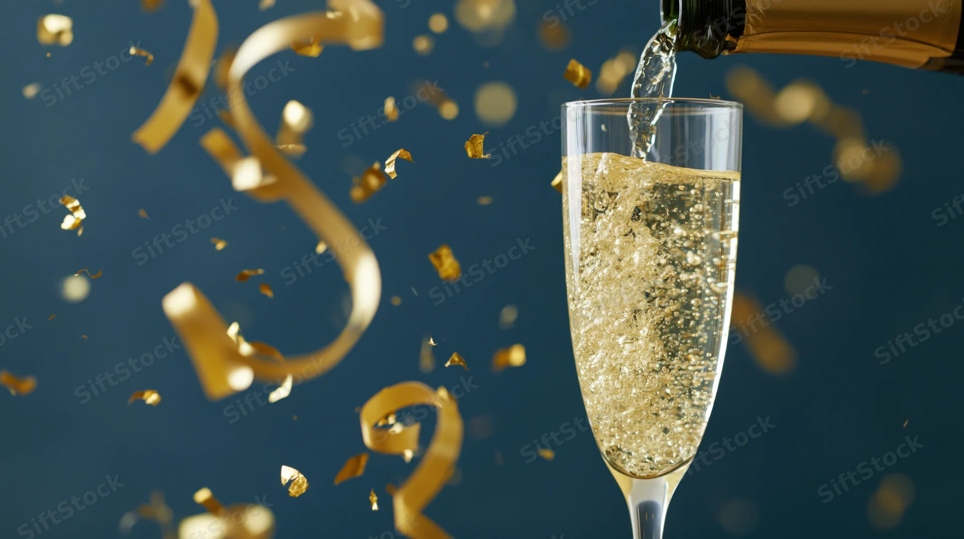 Champagne being poured into a flute with golden confetti and streamers floating around