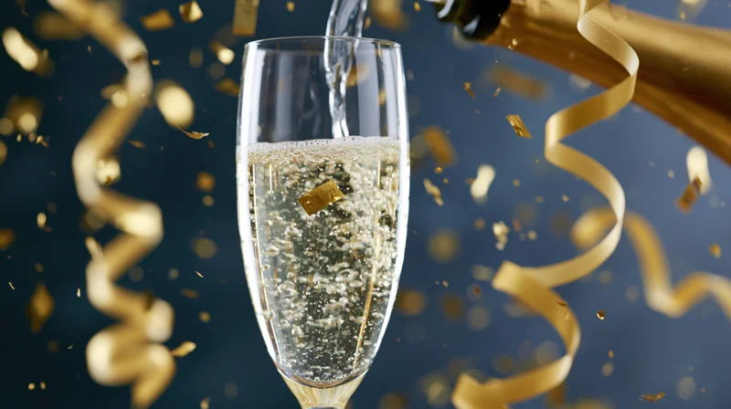 Champagne being poured into a flute with golden confetti and streamers floating around against a dark blue background