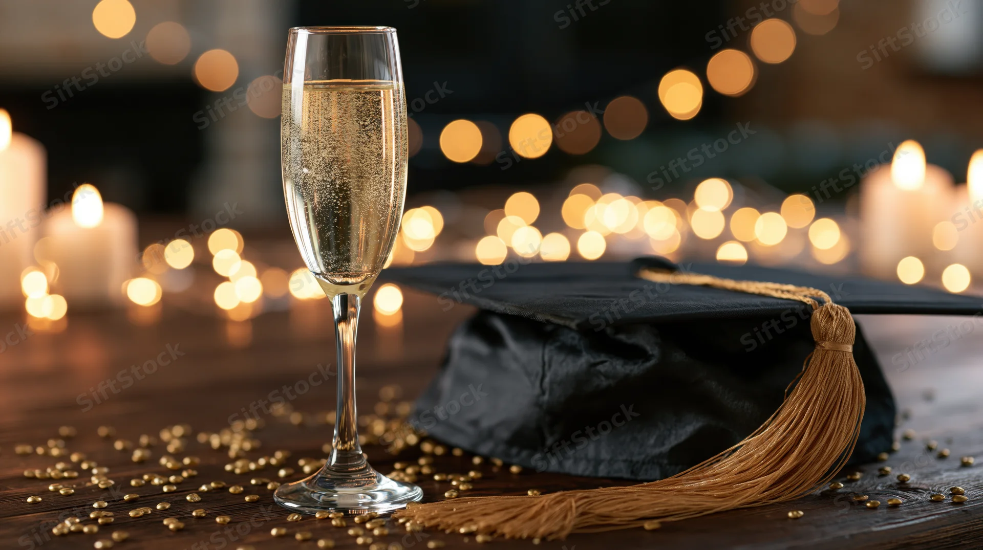 Champagne flute and graduation cap on wooden table with candles and golden confetti