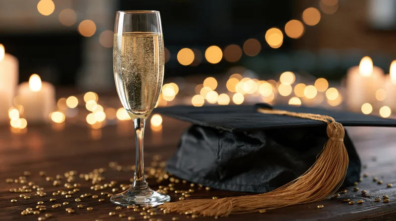 Champagne flute and graduation cap on wooden table with candles and golden confetti