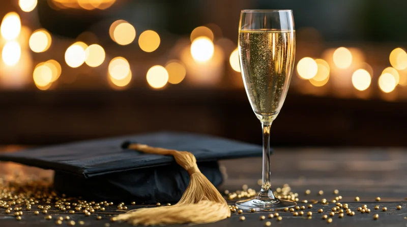 Champagne flute with sparkling wine beside a black graduation cap on a wooden table with golden confetti and blurred lights