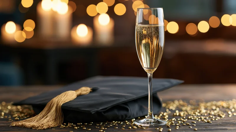 Champagne flute with sparkling wine beside a black graduation cap on a wooden table scattered with golden confetti and warm bokeh lights in the background