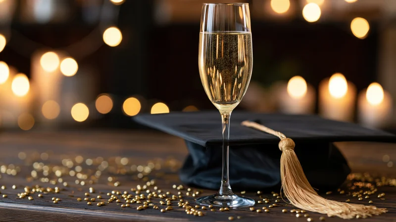 Champagne flute with black graduation cap and golden confetti on wooden table at night