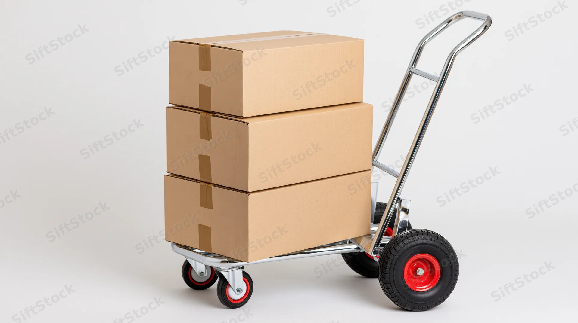 Chrome hand truck loaded with three stacked cardboard boxes on white background