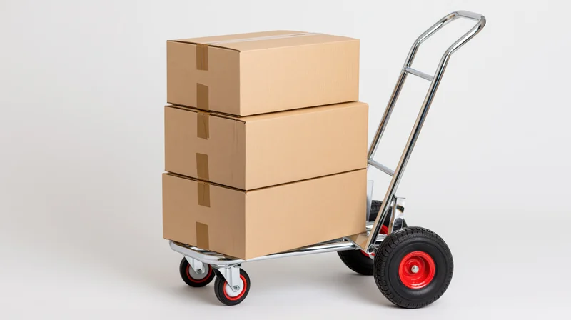 Chrome hand truck loaded with three stacked cardboard boxes on white background