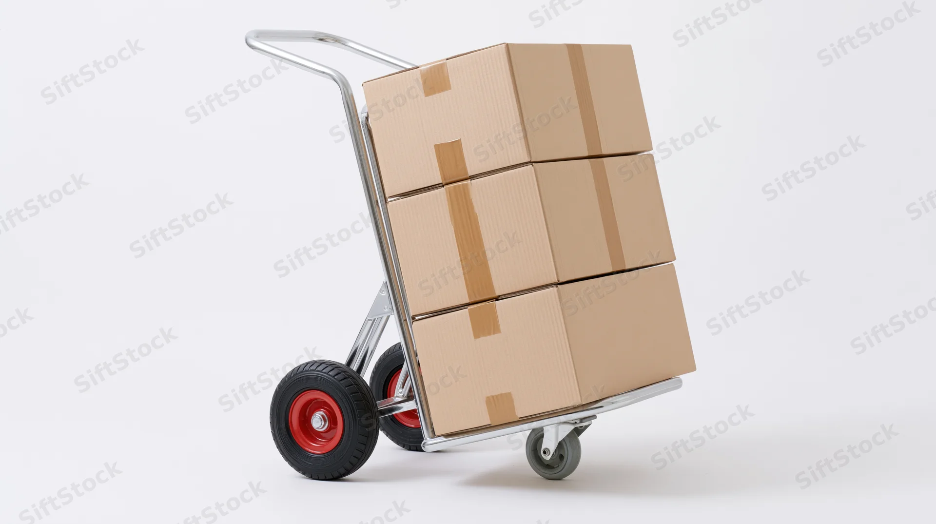 Chrome hand truck loaded with stacked cardboard boxes on white background