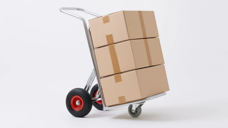 Chrome hand truck loaded with stacked cardboard boxes on white background