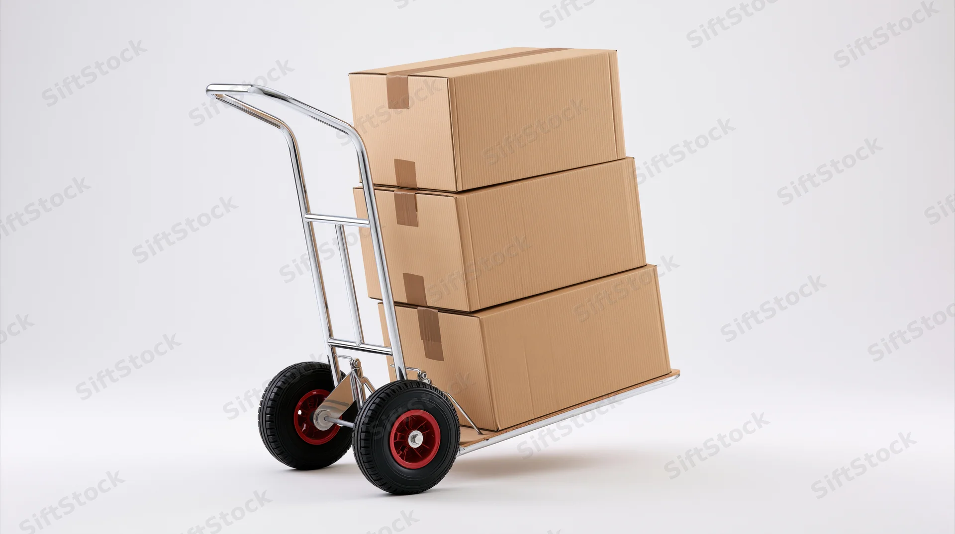 Chrome hand truck loaded with three stacked cardboard boxes on white background