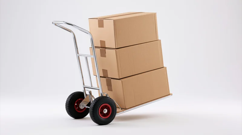Chrome hand truck loaded with three stacked cardboard boxes on white background