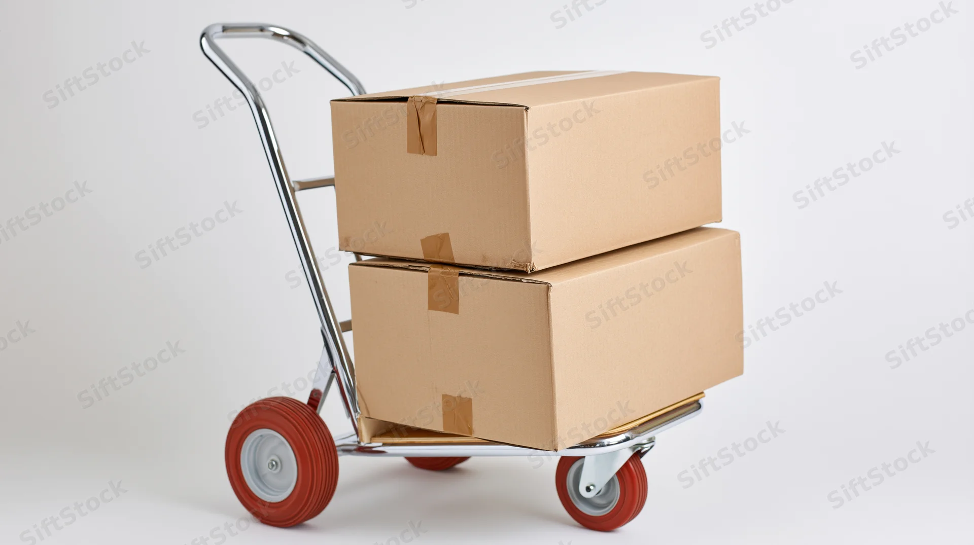 Chrome hand truck carrying stacked cardboard boxes on white background