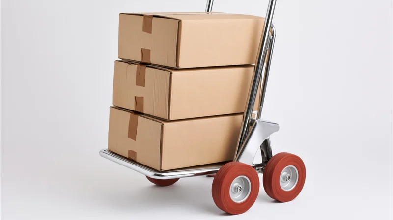 Chrome hand truck carrying three stacked cardboard boxes on white background