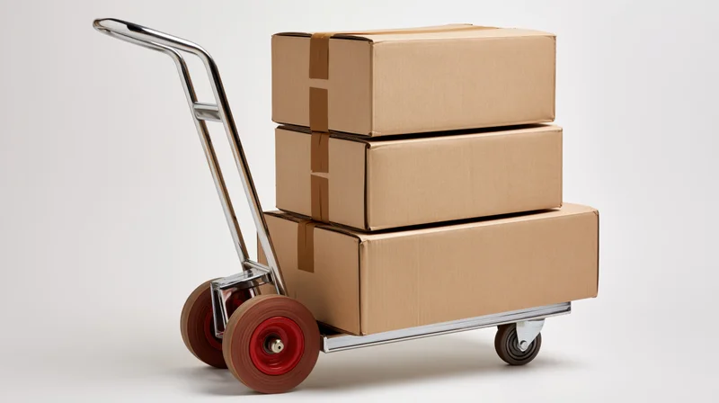 Chrome hand truck loaded with three stacked cardboard boxes on white background