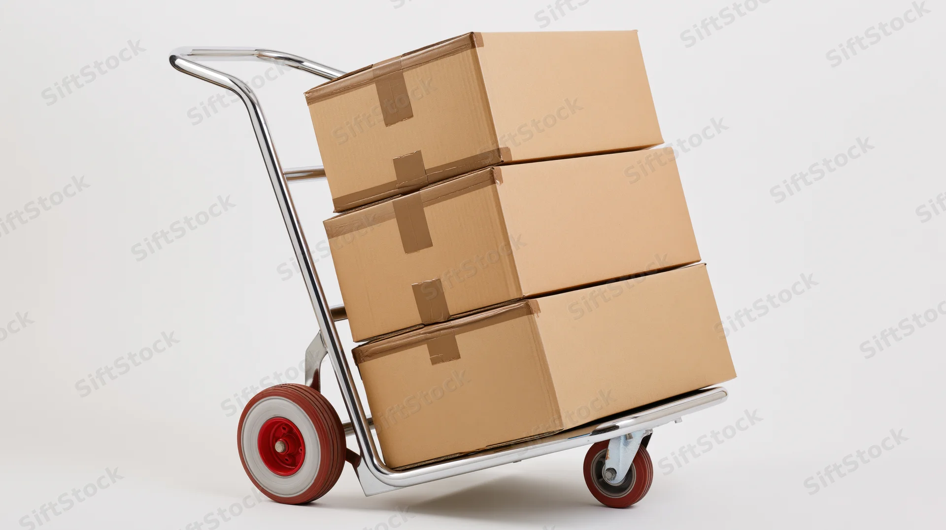 Chrome hand truck loaded with three stacked cardboard boxes on white background