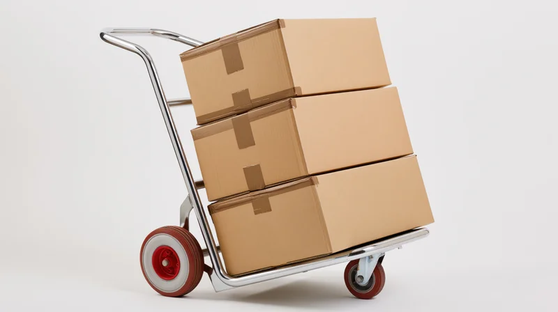 Chrome hand truck loaded with three stacked cardboard boxes on white background
