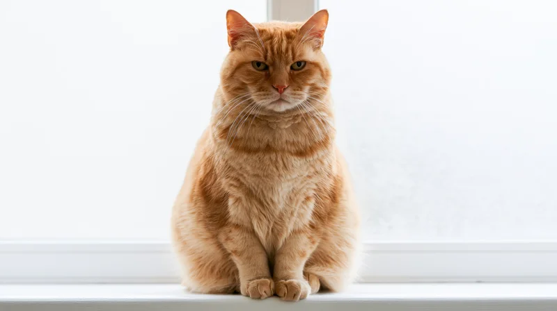 Chubby orange tabby cat sitting upright on a white windowsill looking at camera