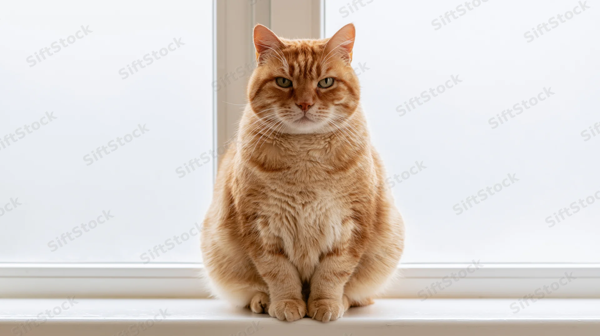 Chubby orange tabby cat sitting upright on a white windowsill in a bright indoor setting