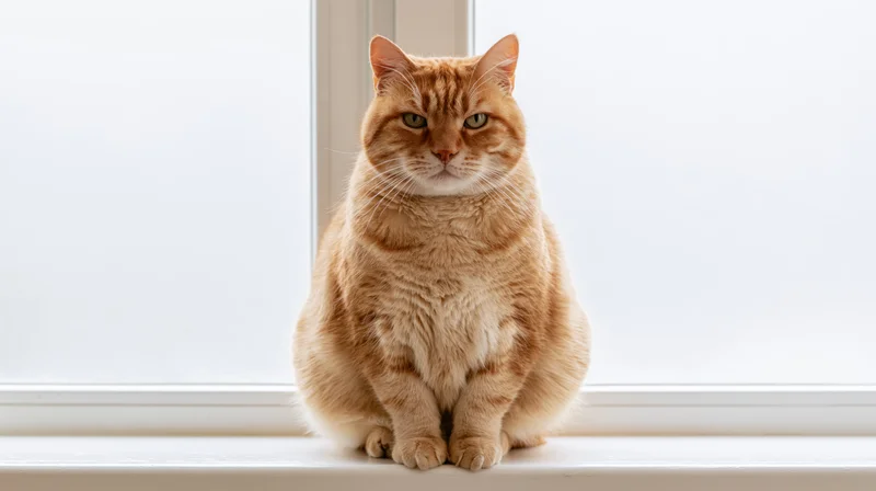 Chubby orange tabby cat sitting upright on a white windowsill in a bright indoor setting