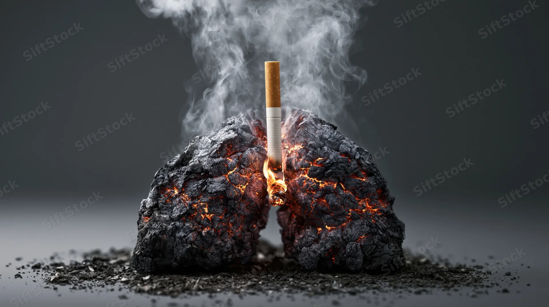 Blackened lungs with a burning cigarette inserted, emitting smoke, on a dark surface