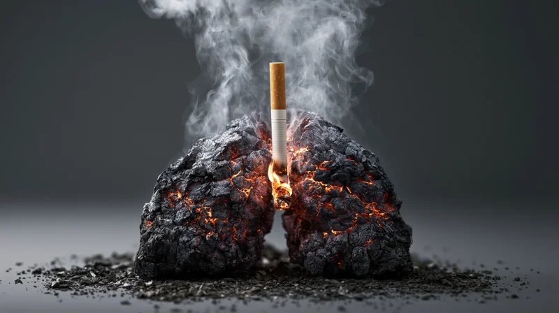 Blackened lungs with a burning cigarette inserted, emitting smoke, on a dark surface