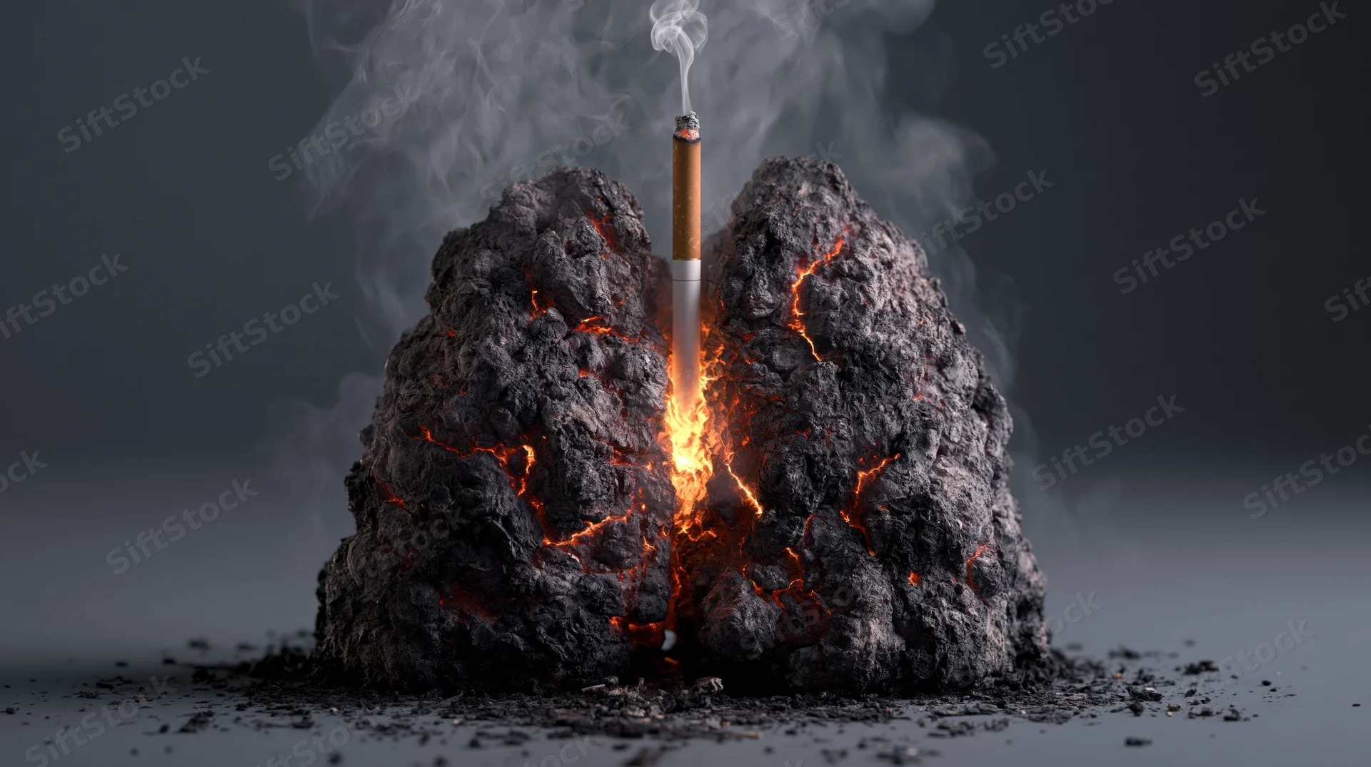 Cigarette burning through a blackened brain with smoke and glowing cracks, studio shot