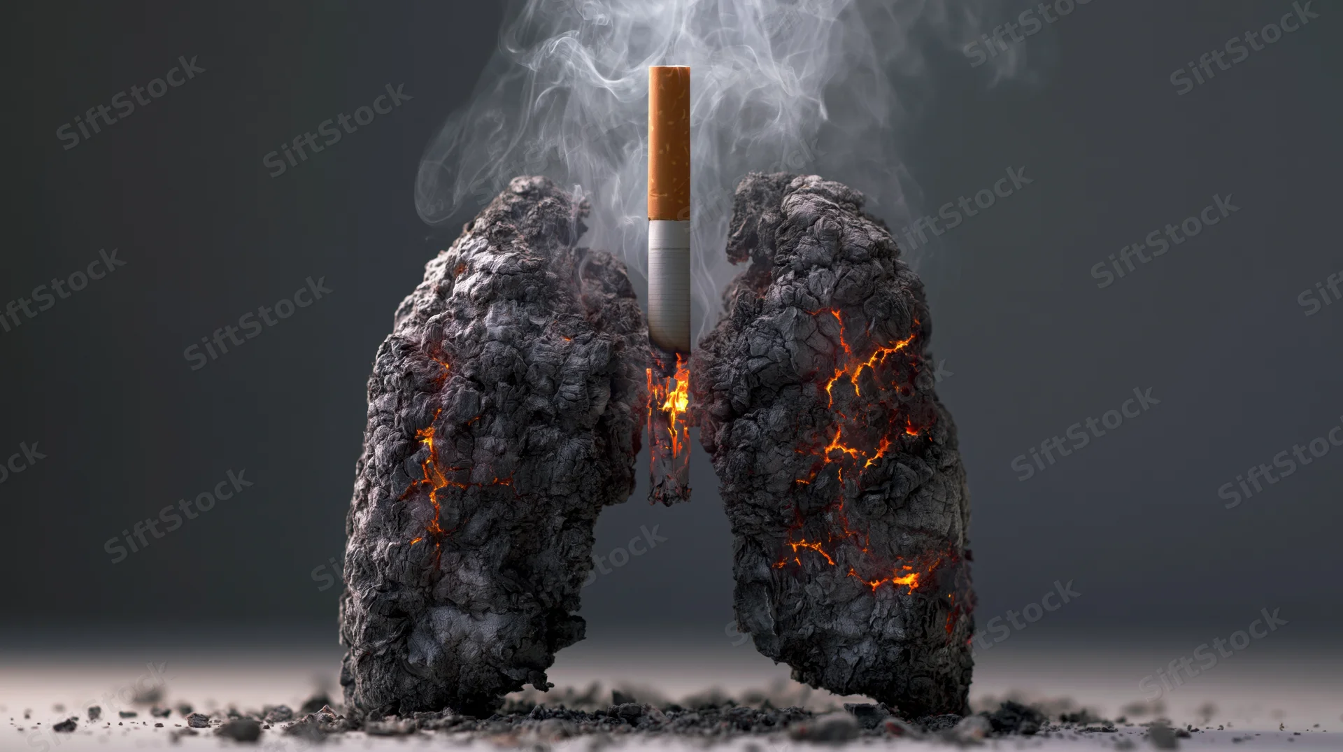 Blackened lungs with a burning cigarette inserted between them, showing internal damage and smoke rising