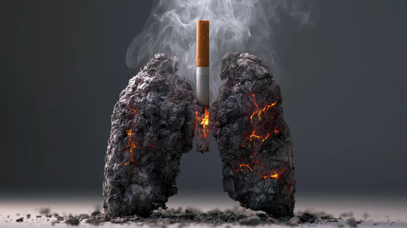 Blackened lungs with a burning cigarette inserted between them, showing internal damage and smoke rising