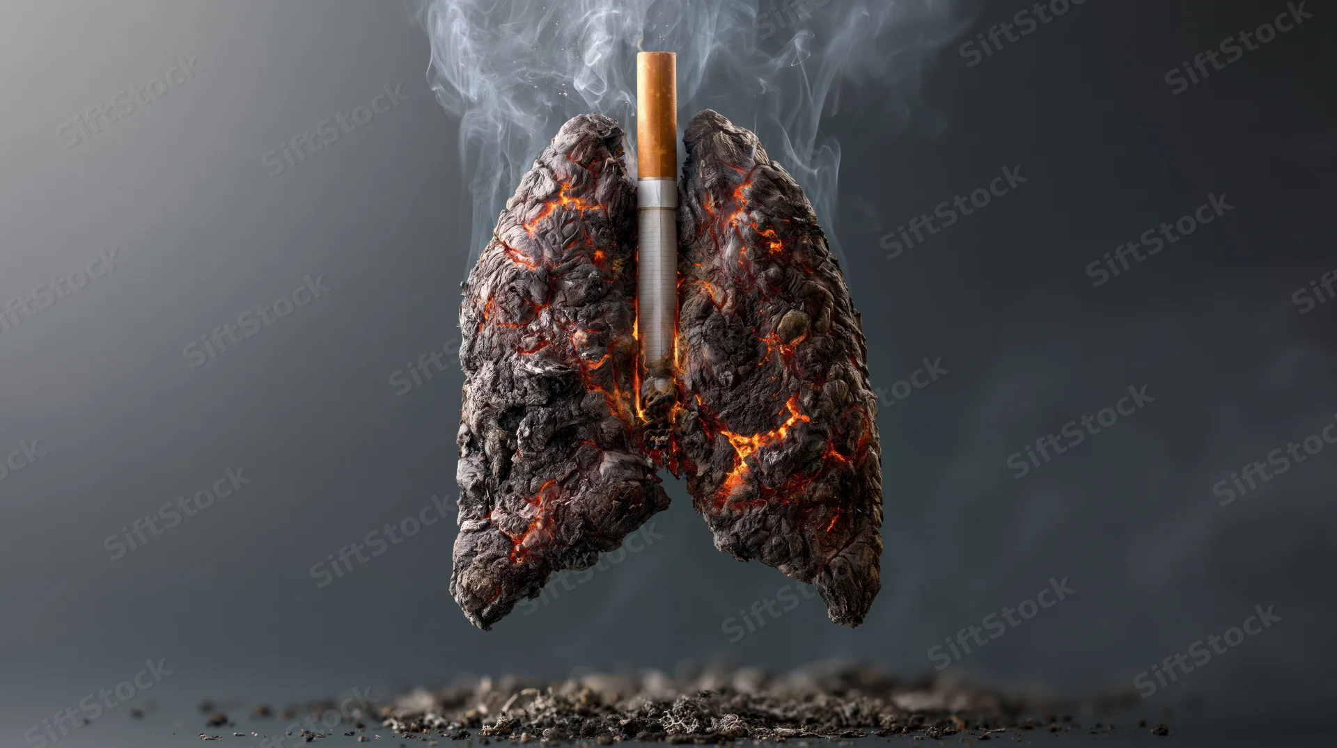 Damaged lungs with a burning cigarette inserted, floating above ash on a dark background