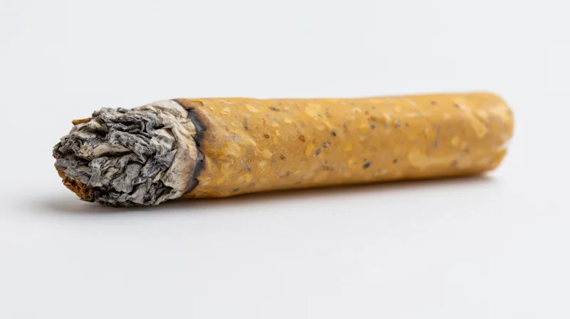 Cigarette butt with ash and filter end lying horizontally on white background