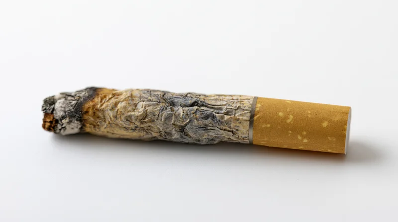 Cigarette butt with ash and filter lying horizontally on white surface