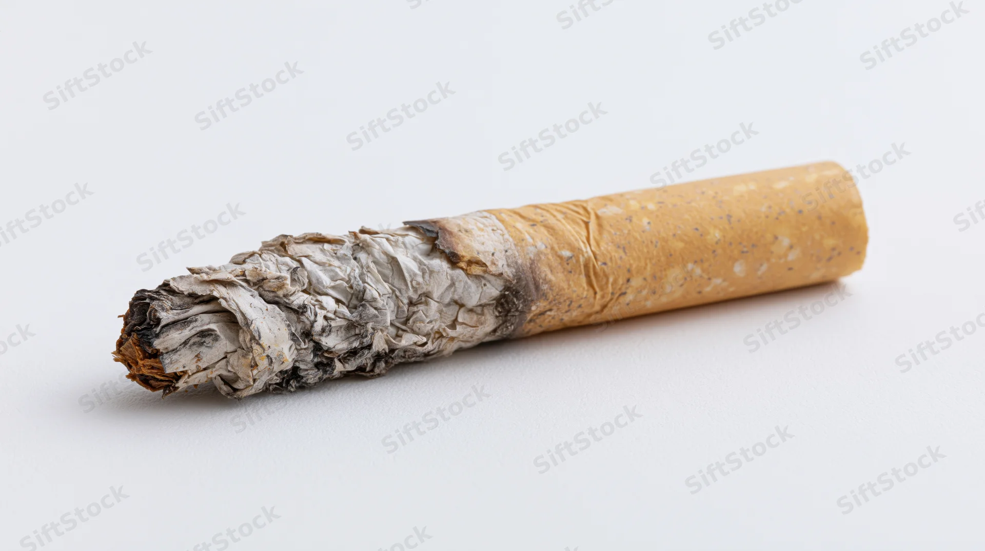 Cigarette butt with ash and filter lying on white background