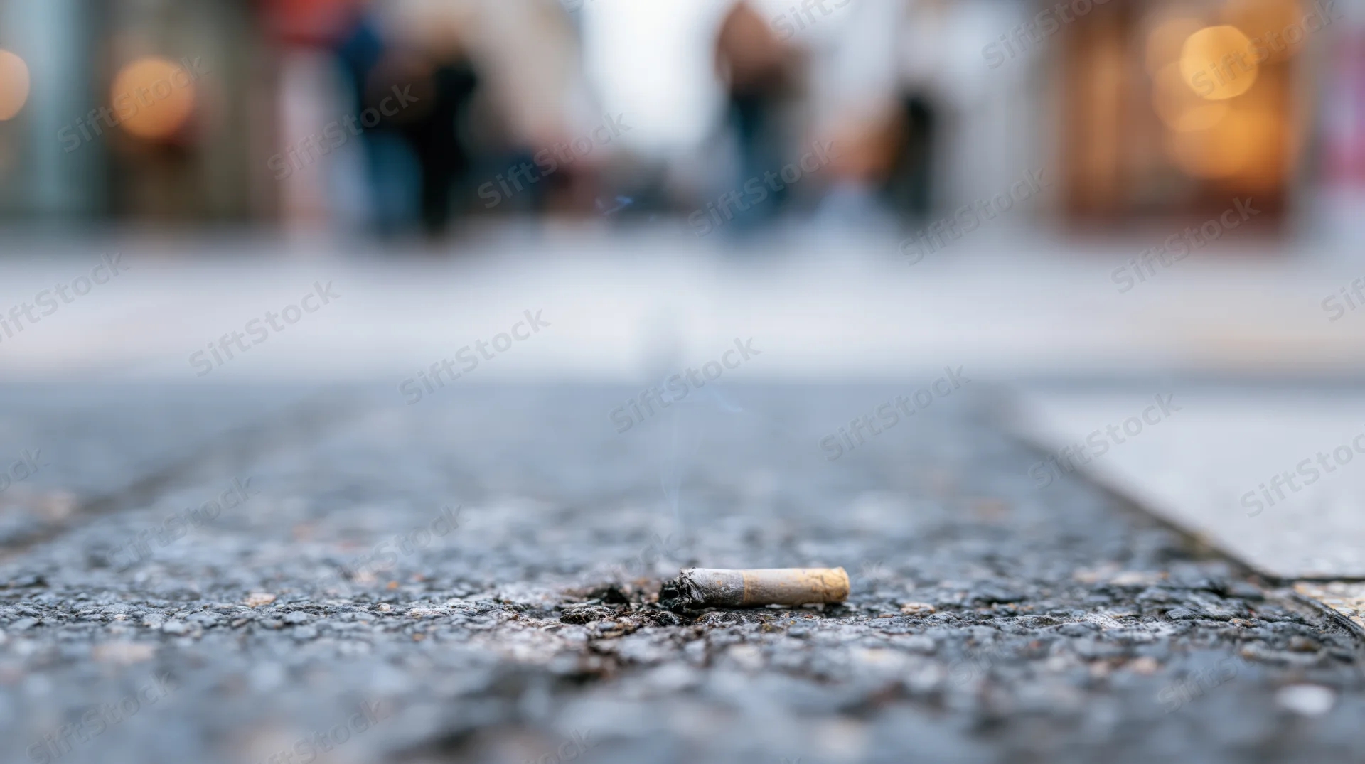 Cigarette butt lying on cracked urban pavement with smoke rising, blurred city background