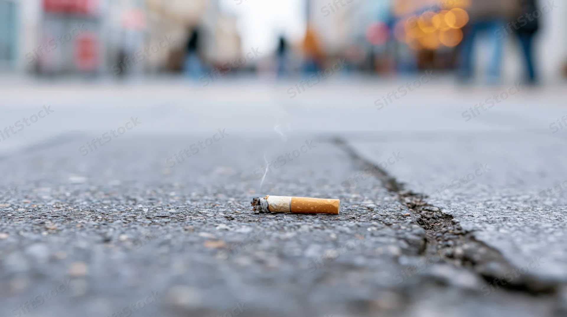 Cigarette butt lying on cracked urban pavement with smoke rising