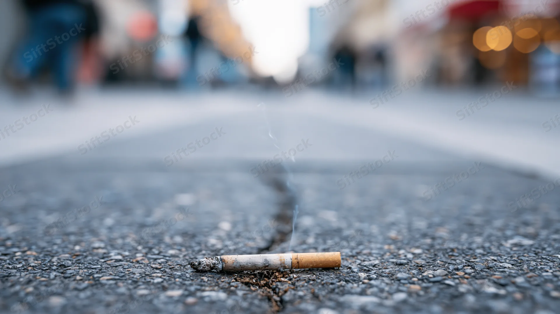 Cigarette butt lying on cracked asphalt pavement in urban street with smoke rising