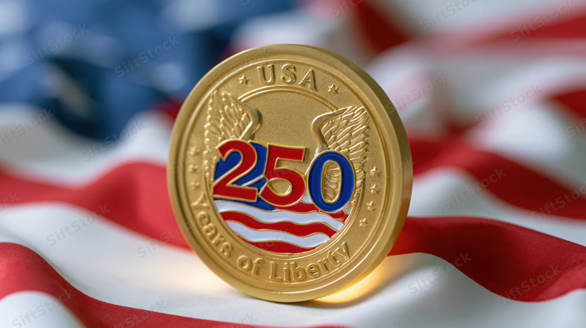 Gold commemorative coin marked 250 years of liberty resting on wavy american flag fabric