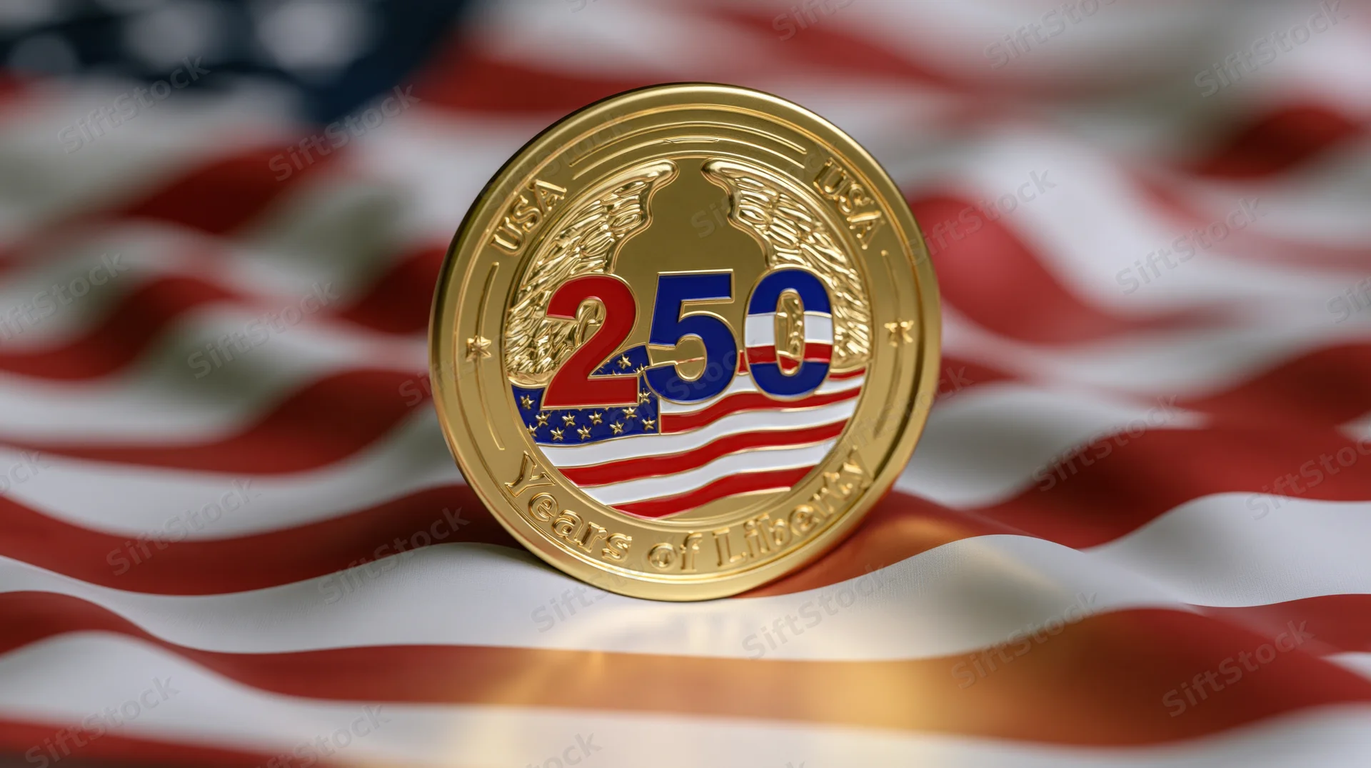 Gold commemorative coin marked 250 years of liberty resting on american flag with red and white stripes and stars in background