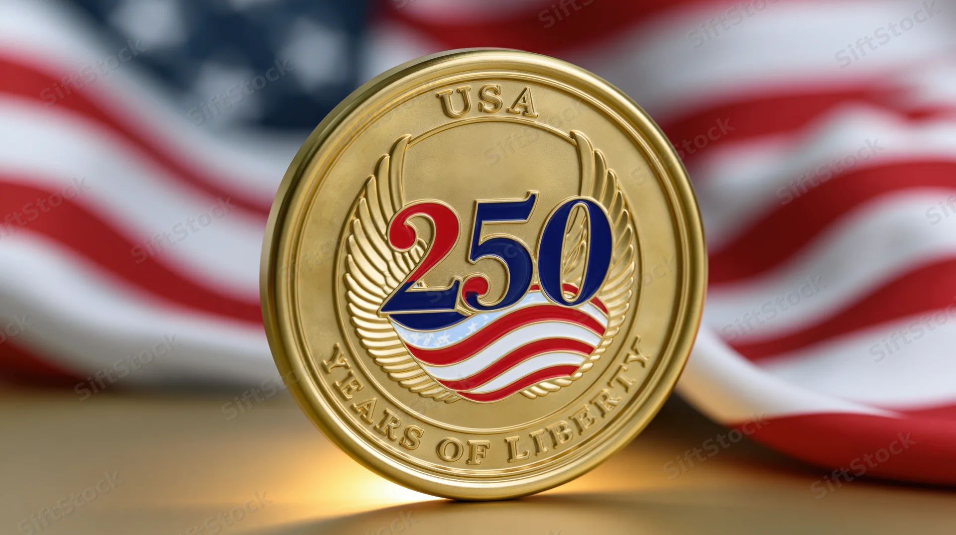 Gold commemorative coin marked 250 years of liberty resting on a surface with american flag in background