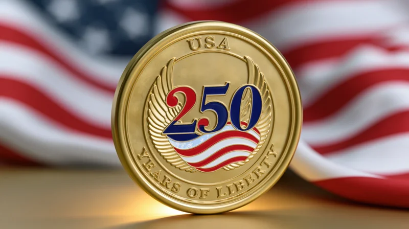 Gold commemorative coin marked 250 years of liberty resting on a surface with american flag in background