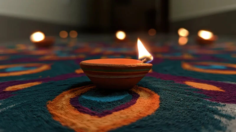 Clay diya oil lamp burning with small flame on colorful patterned carpet indoors