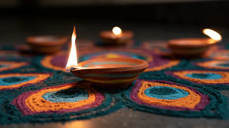 Clay diya oil lamp burning with flame on colorful rangoli patterned floor