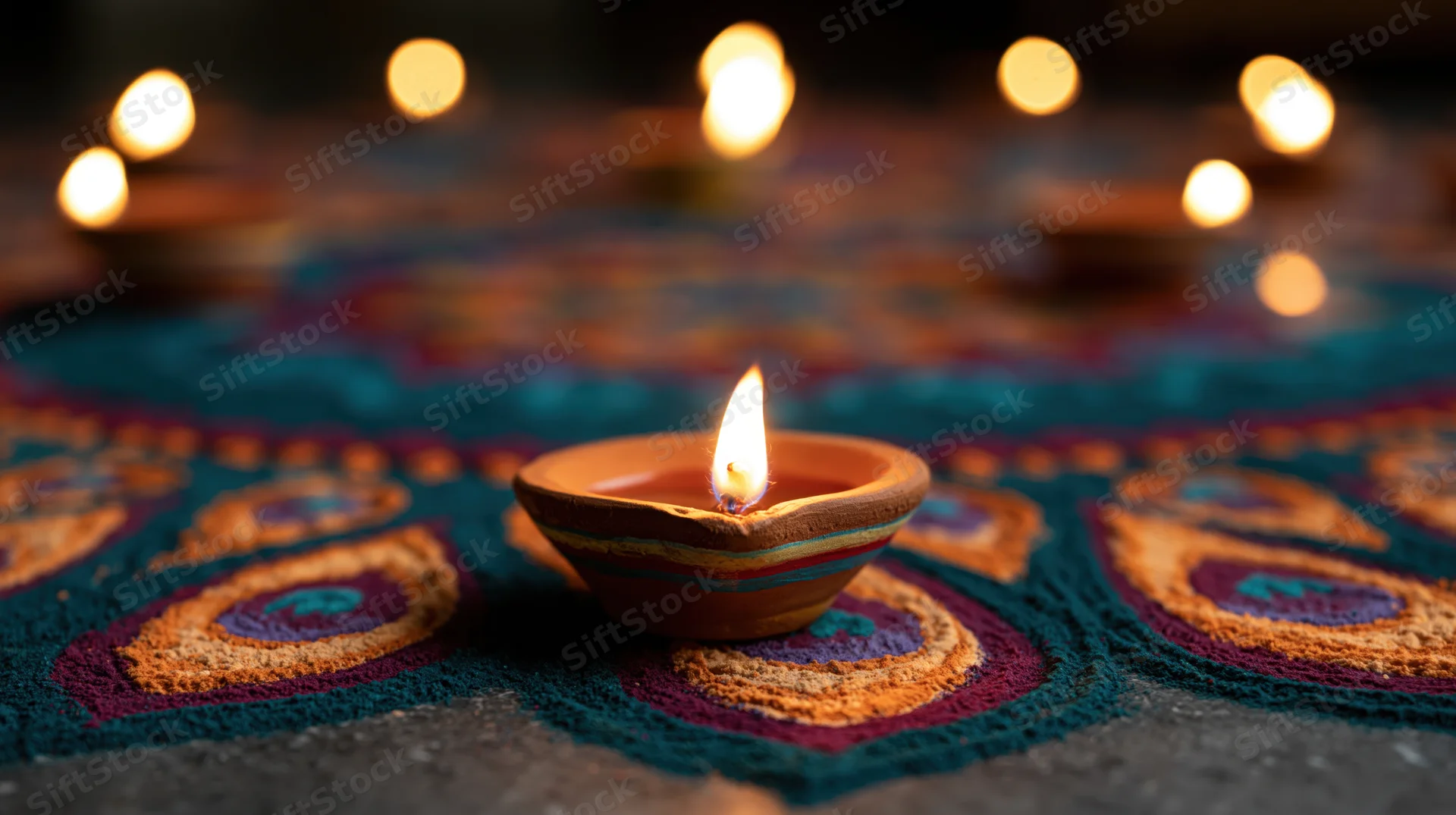 Clay diya oil lamp burning with small flame centered on colorful rangoli pattern on floor