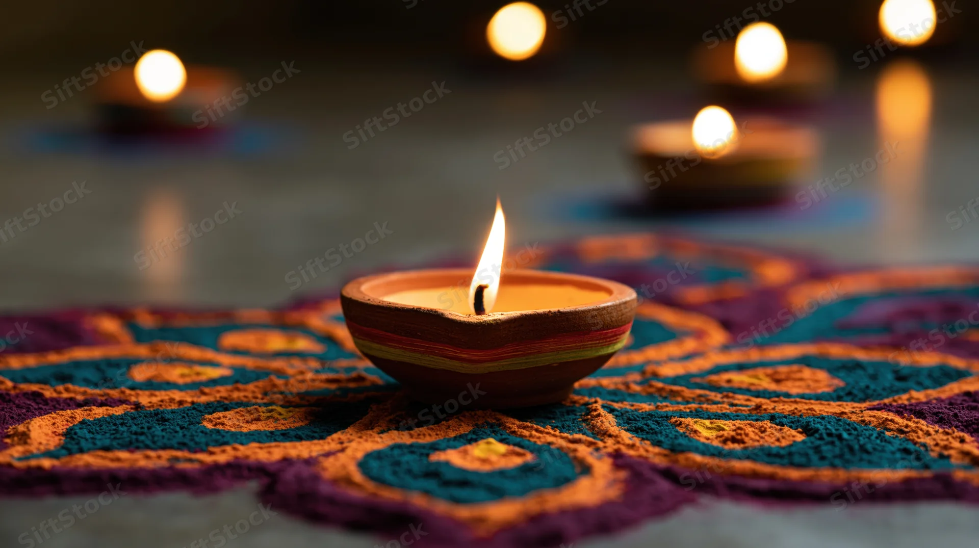 Clay diya oil lamp burning with small flame centered on colorful rangoli pattern on floor