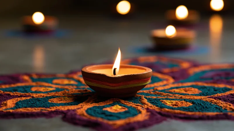 Clay diya oil lamp burning with small flame centered on colorful rangoli pattern on floor