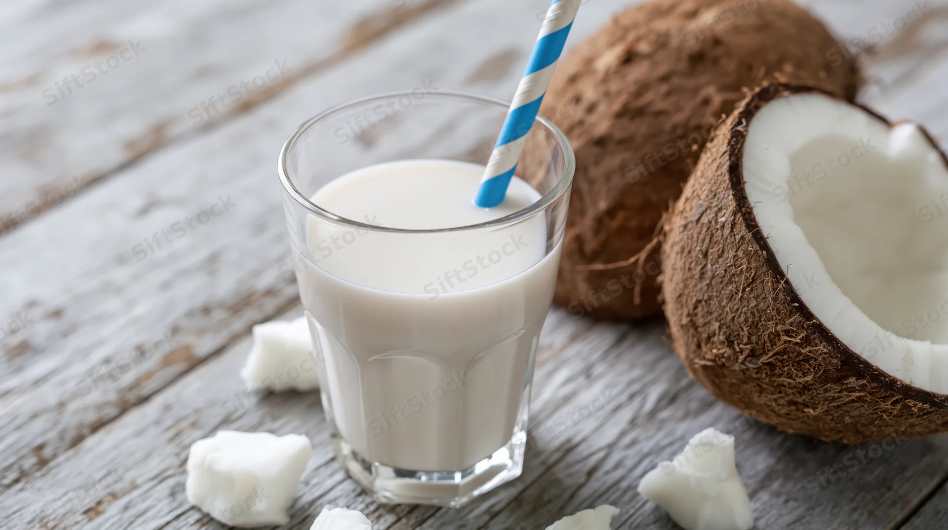 Glass of coconut milk with striped straw on wooden table beside whole and halved coconut