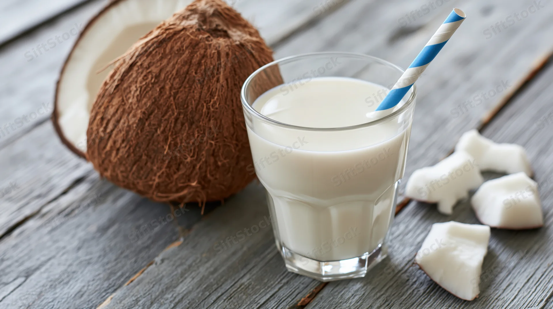 Glass of coconut milk with a blue and white striped paper straw on a wooden table beside a halved coconut and coconut chunks