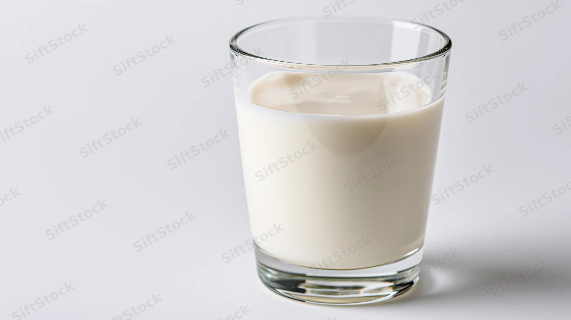 Clear glass tumbler filled with milk on white background