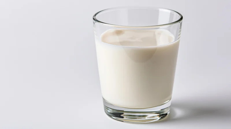 Clear glass tumbler filled with milk on white background