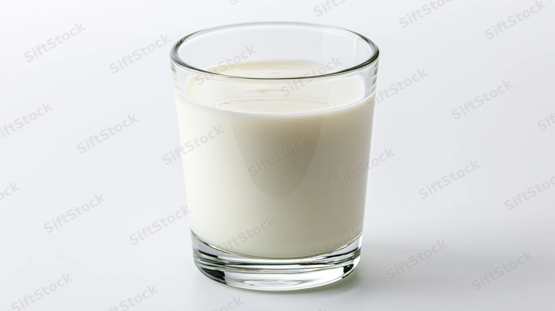 A clear glass tumbler filled with milk on a white surface