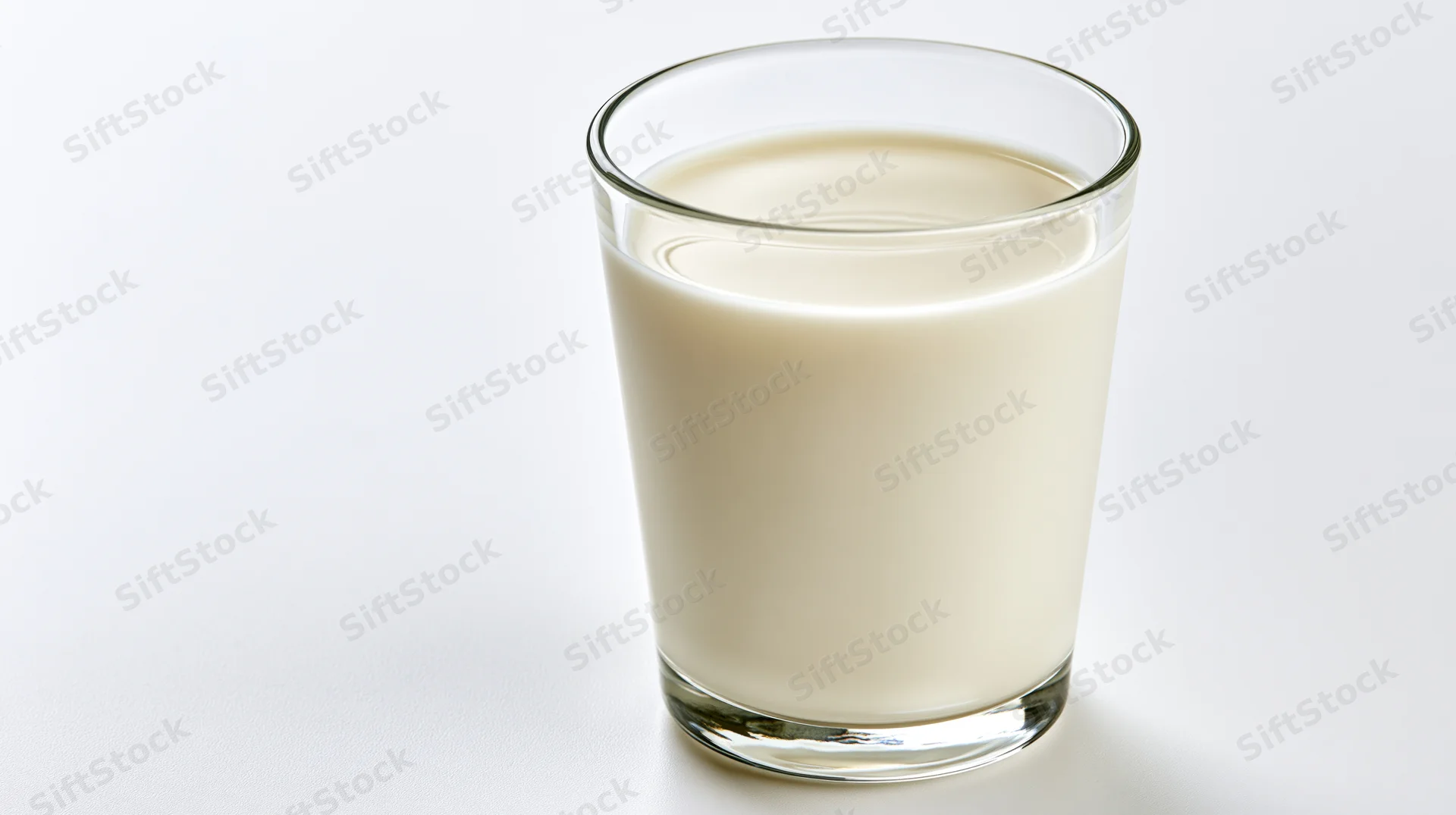A clear glass tumbler filled with milk on a white surface