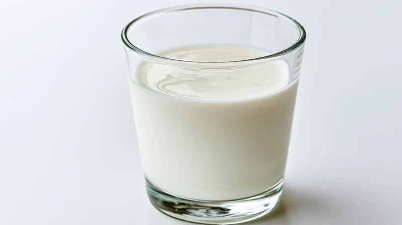 A clear glass tumbler filled with milk on a white surface